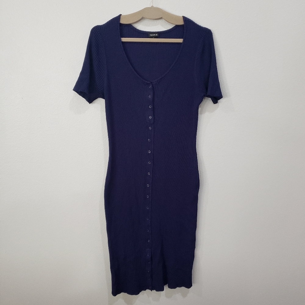 Torrid Blue Rib Snap Button Front Bodycon Dress, Torrid Size 2=2X